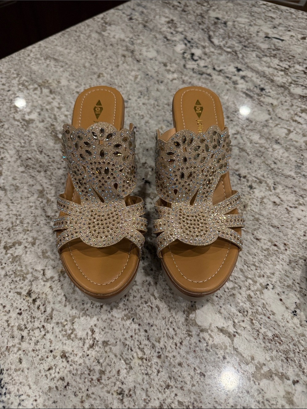 Crystal-Embellished Tan Slide Mules with Decorative Upper